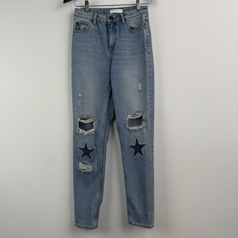 Sandro Paris Jeans Womens 25x29 Light Wash Distressed Star Pearl‎ Ankle Denim
